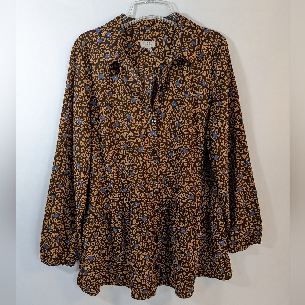 LOGO Lori Goldstein Shirt Womens Animal Print Floral Button Front Tunic Large
